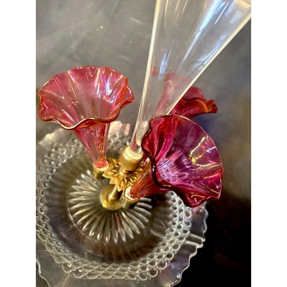 Antique Epergne Victorian Cranberry Glass Flute Epergne Centerpiece Vase